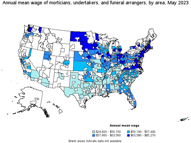 Map of annual mean wages of morticians, undertakers, and funeral arrangers by area, May 2023
