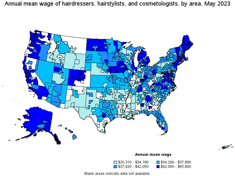 Map of annual mean wages of hairdressers, hairstylists, and cosmetologists by area, May 2022