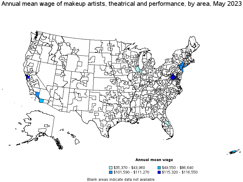 Map of annual mean wages of makeup artists, theatrical and performance by area, May 2023