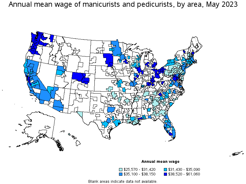 Map of annual mean wages of manicurists and pedicurists by area, May 2023