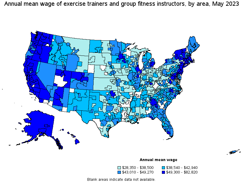 Map of annual mean wages of exercise trainers and group fitness instructors by area, May 2023