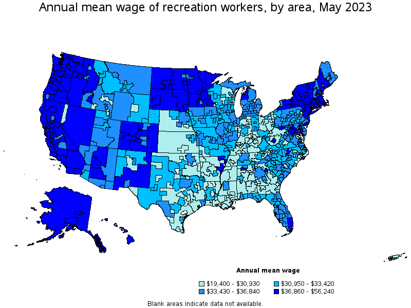 Map of annual mean wages of recreation workers by area, May 2022