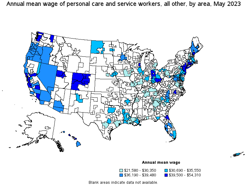 Map of annual mean wages of personal care and service workers, all other by area, May 2023