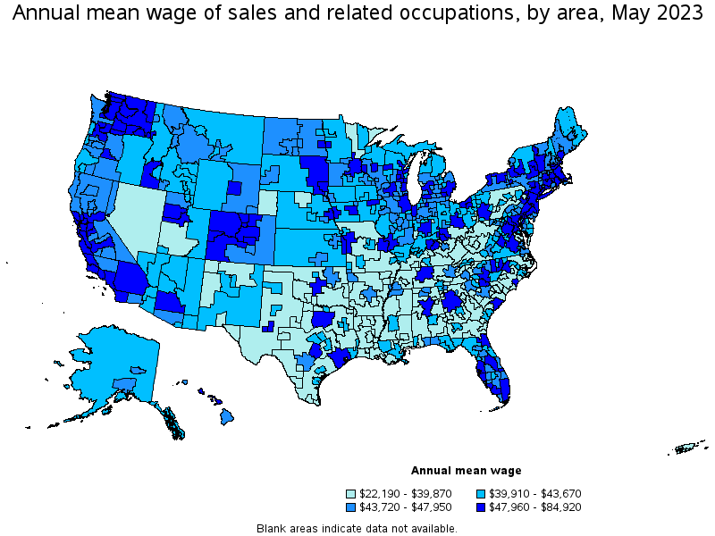 Map of annual mean wages of sales and related occupations by area, May 2022