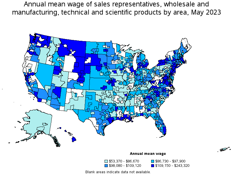 Map of annual mean wages of sales representatives, wholesale and manufacturing, technical and scientific products by area, May 2023