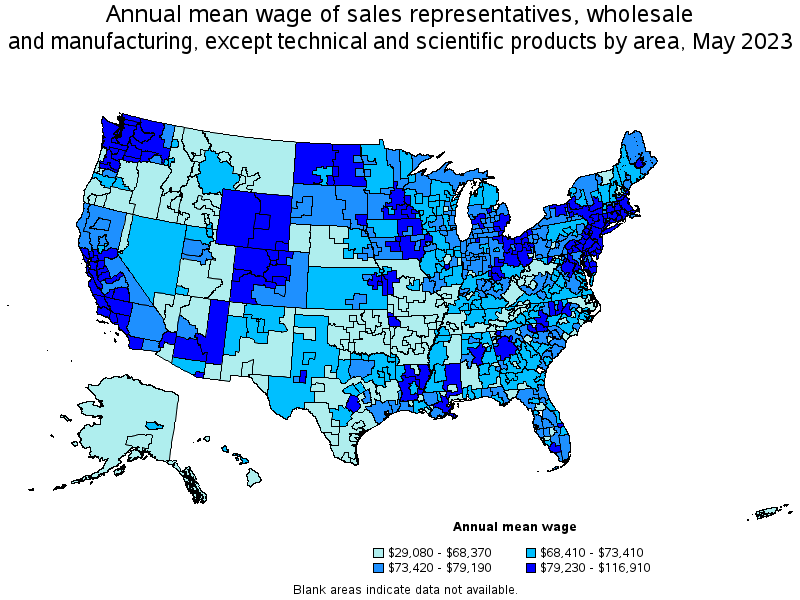 Map of annual mean wages of sales representatives, wholesale and manufacturing, except technical and scientific products by area, May 2023