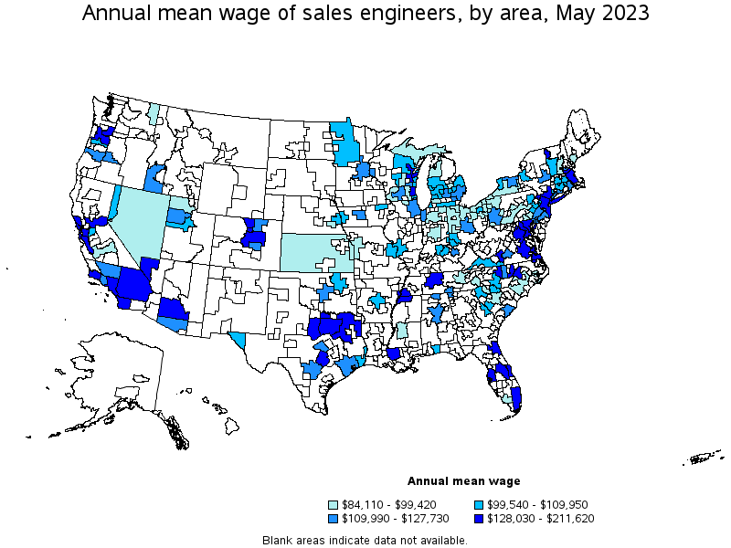 Map of annual mean wages of sales engineers by area, May 2023