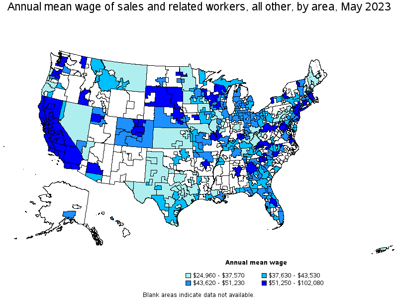 Map of annual mean wages of sales and related workers, all other by area, May 2023