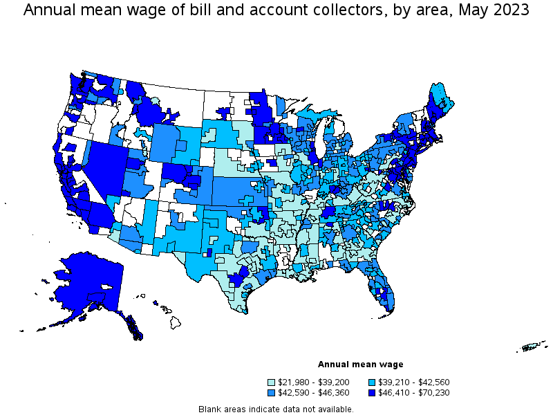 Map of annual mean wages of bill and account collectors by area, May 2023