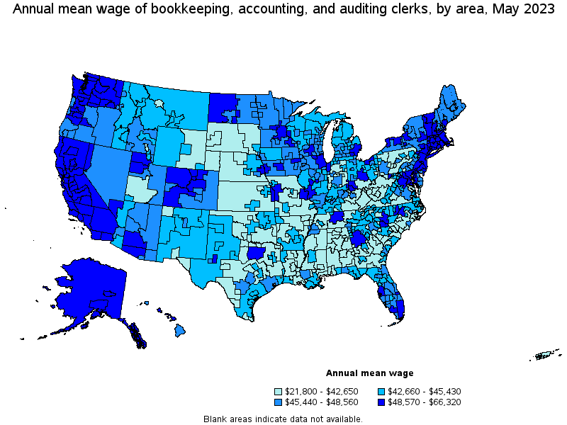 Map of annual mean wages of bookkeeping, accounting, and auditing clerks by area, May 2022