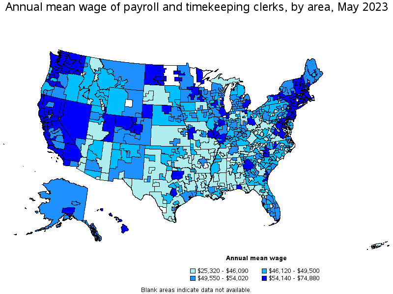 Map of annual mean wages of payroll and timekeeping clerks by area, May 2023