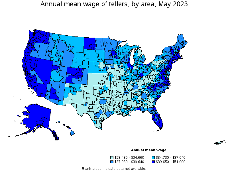 Map of annual mean wages of tellers by area, May 2023