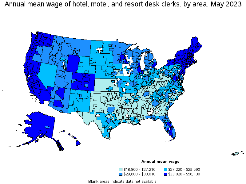 Map of annual mean wages of hotel, motel, and resort desk clerks by area, May 2023