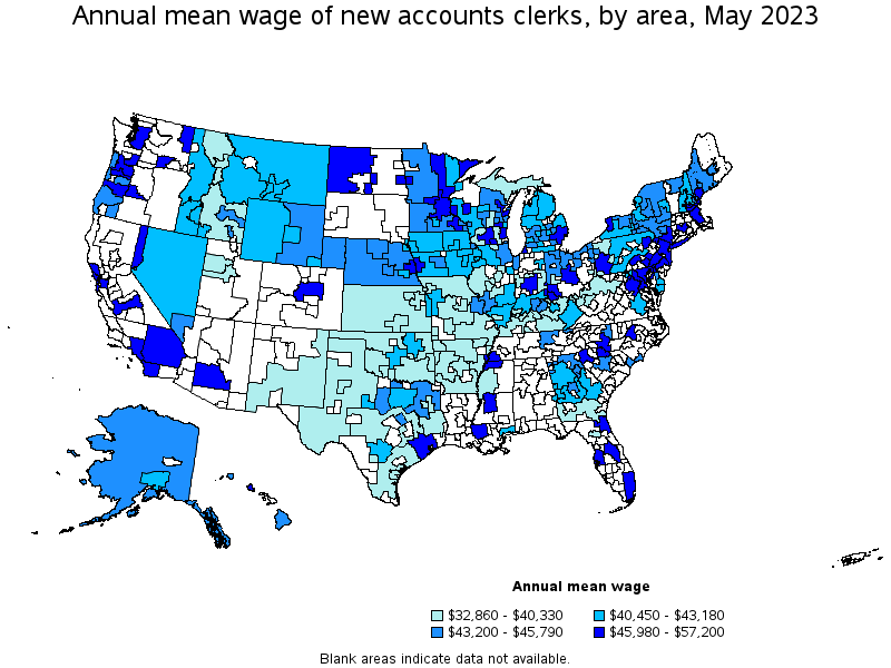 Map of annual mean wages of new accounts clerks by area, May 2023