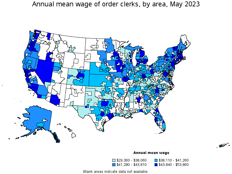 Map of annual mean wages of order clerks by area, May 2022