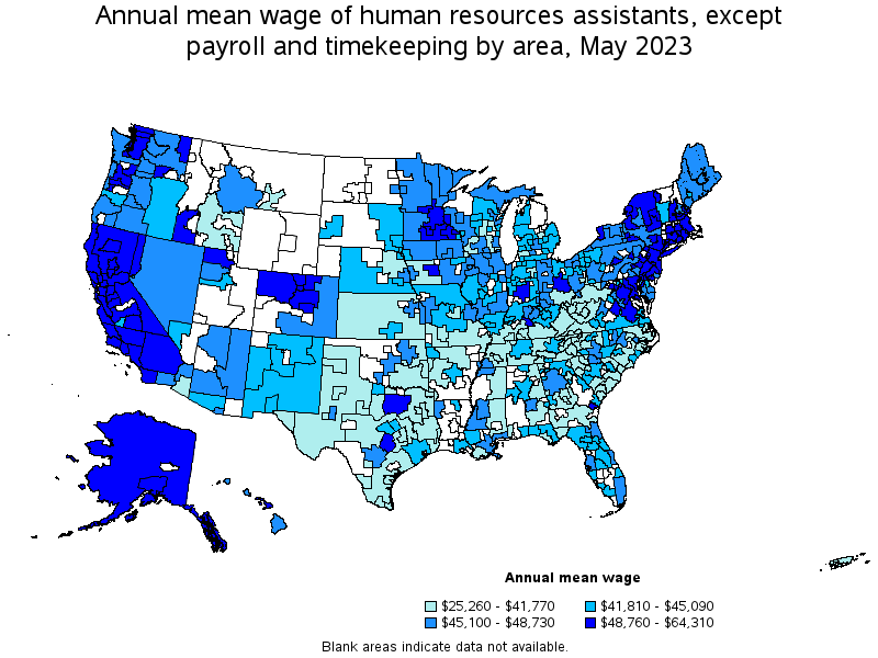 Map of annual mean wages of human resources assistants, except payroll and timekeeping by area, May 2023
