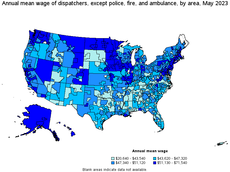 Map of annual mean wages of dispatchers, except police, fire, and ambulance by area, May 2023