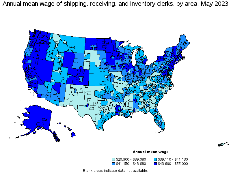 Map of annual mean wages of shipping, receiving, and inventory clerks by area, May 2023
