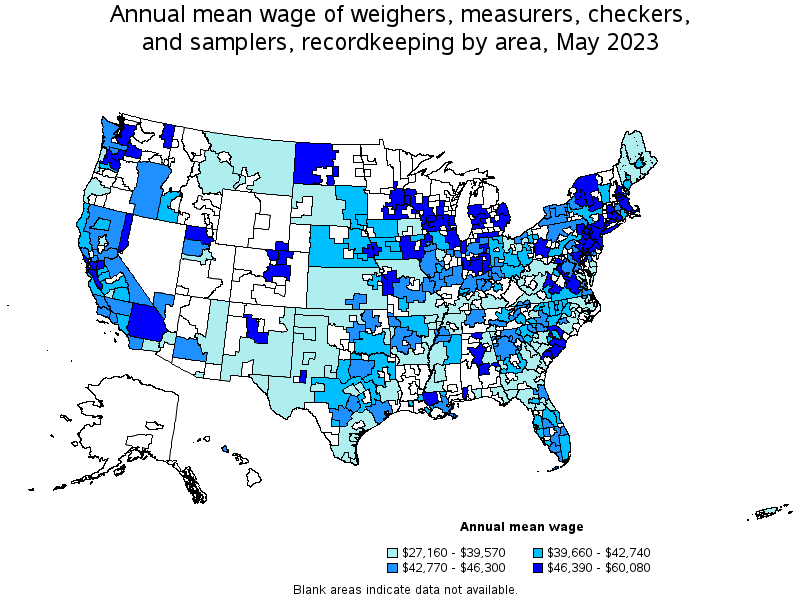 Map of annual mean wages of weighers, measurers, checkers, and samplers, recordkeeping by area, May 2023