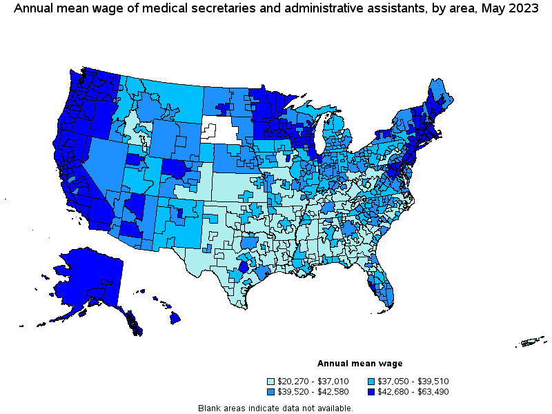 Map of annual mean wages of medical secretaries and administrative assistants by area, May 2022
