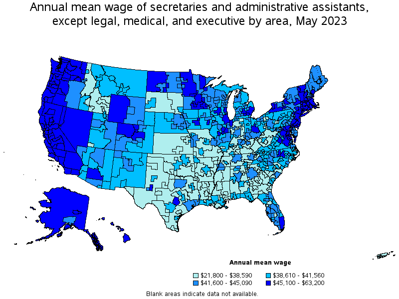 Map of annual mean wages of secretaries and administrative assistants, except legal, medical, and executive by area, May 2022