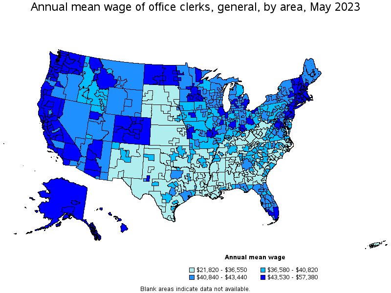 Map of annual mean wages of office clerks, general by area, May 2023