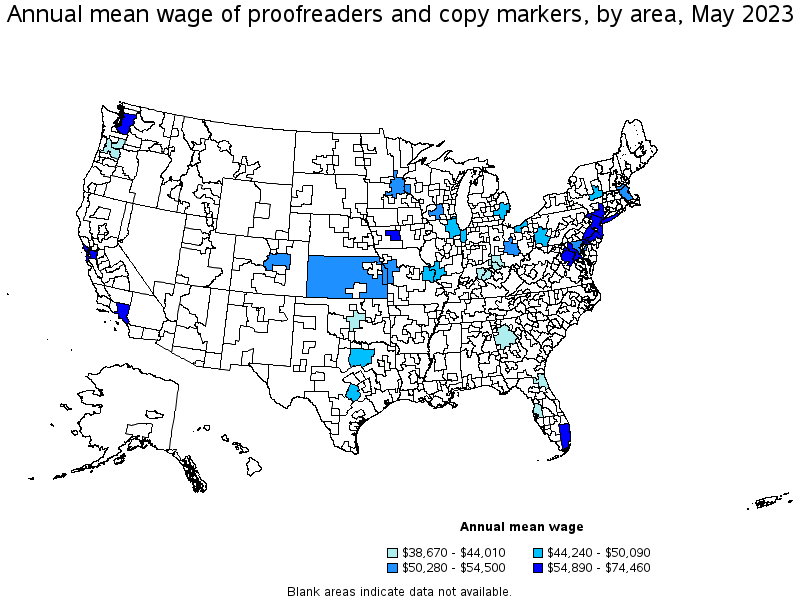 Map of annual mean wages of proofreaders and copy markers by area, May 2023
