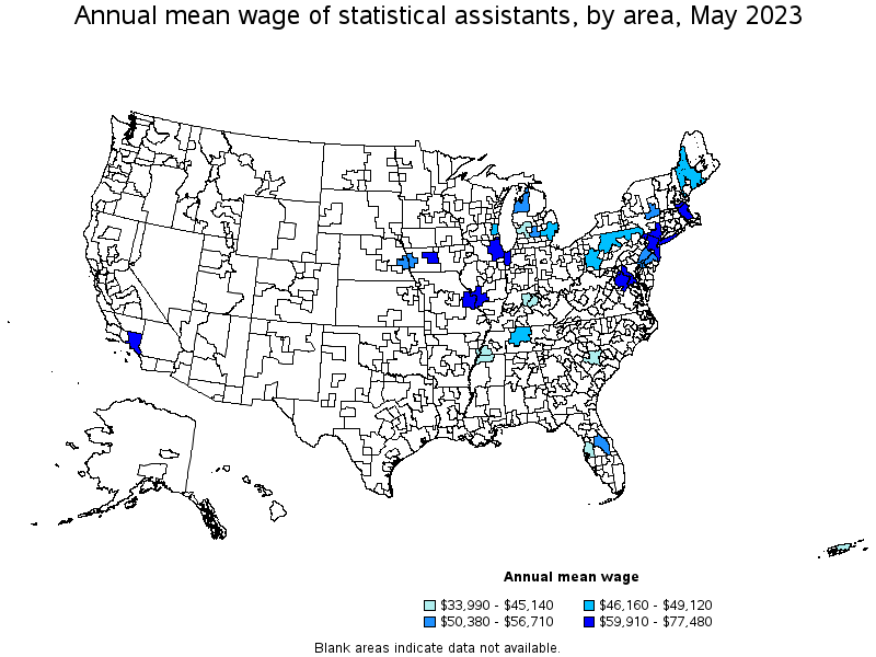 Map of annual mean wages of statistical assistants by area, May 2023