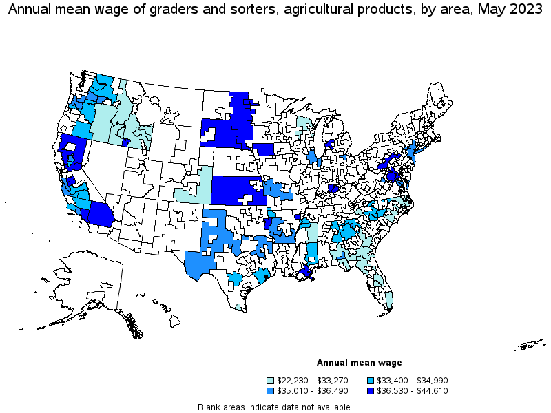Map of annual mean wages of graders and sorters, agricultural products by area, May 2023