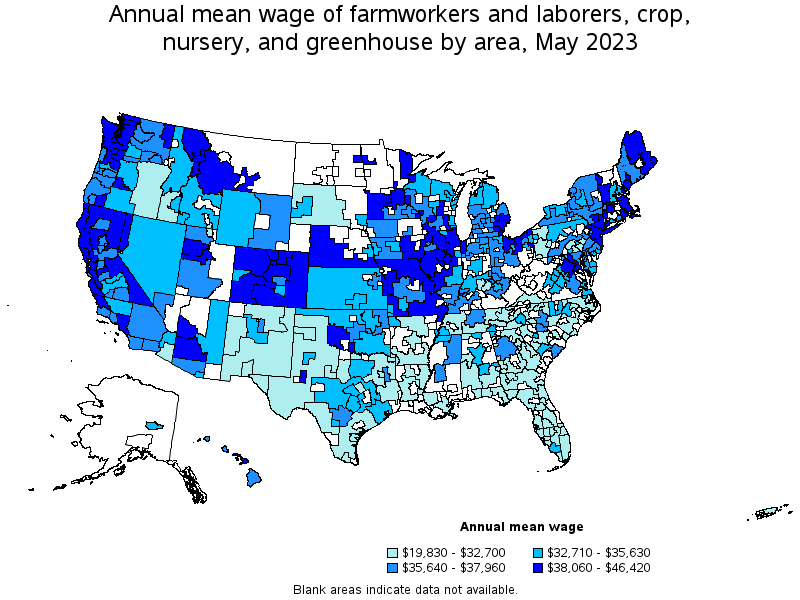 Map of annual mean wages of farmworkers and laborers, crop, nursery, and greenhouse by area, May 2023
