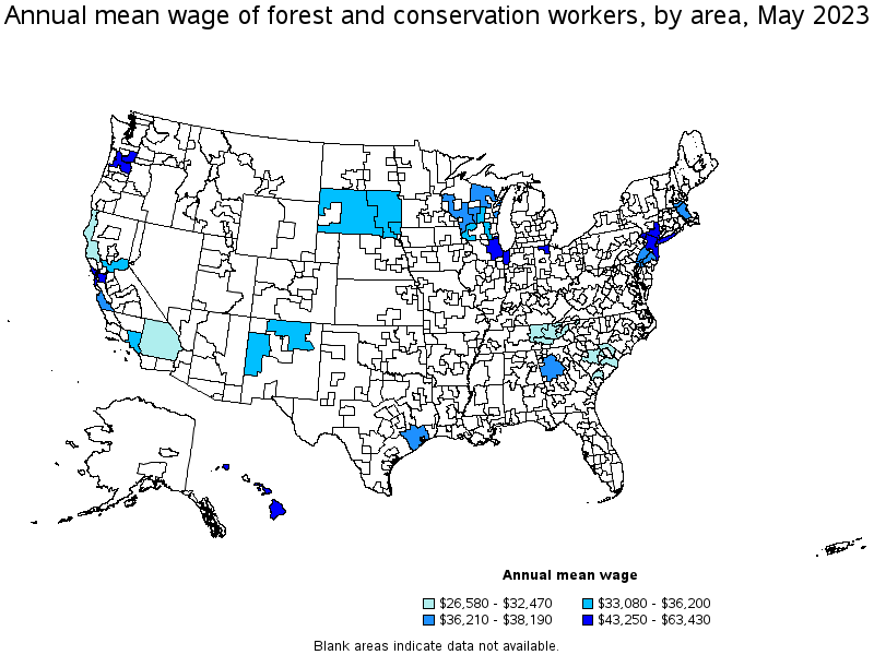 Map of annual mean wages of forest and conservation workers by area, May 2023