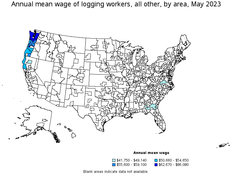 Map of annual mean wages of logging workers, all other by area, May 2023
