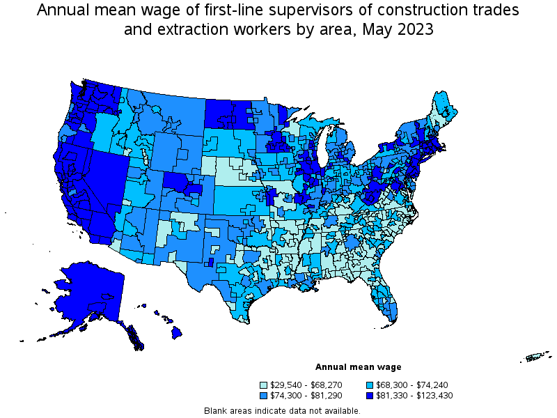 Map of annual mean wages of first-line supervisors of construction trades and extraction workers by area, May 2023