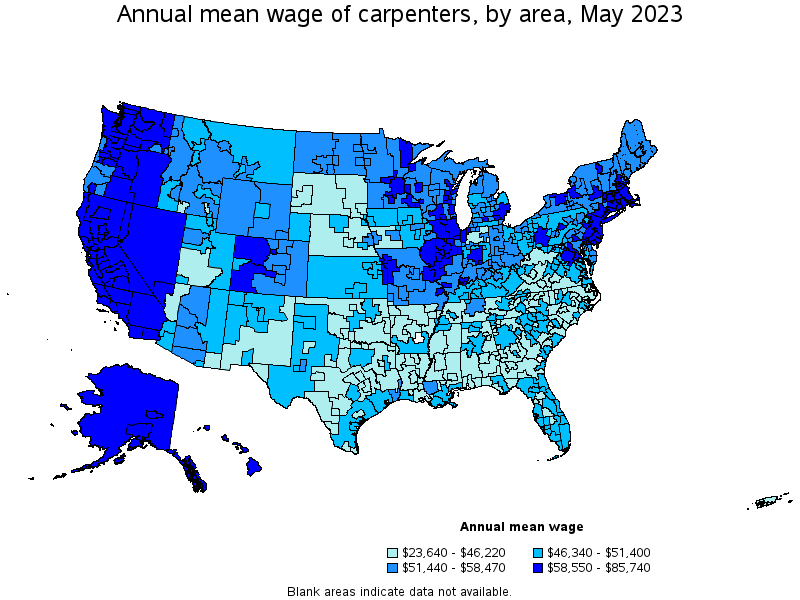 Map of annual mean wages of carpenters by area, May 2022