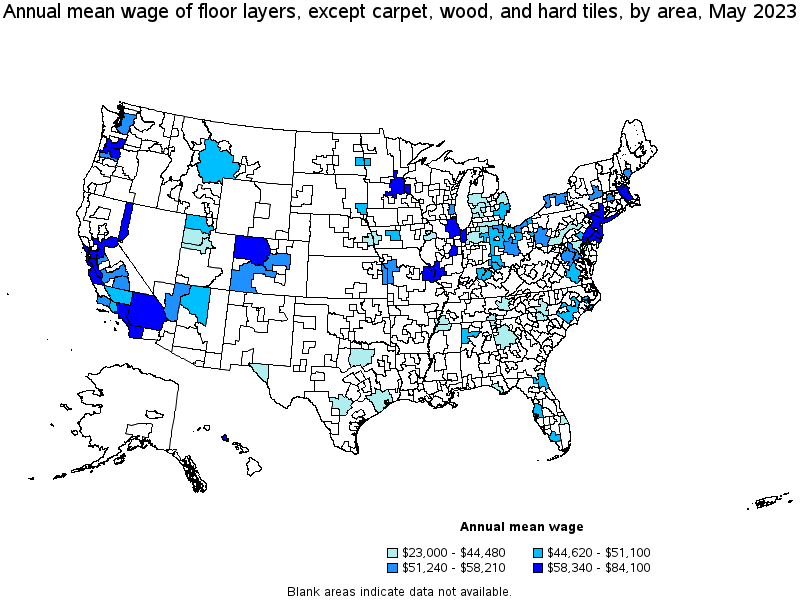 Map of annual mean wages of floor layers, except carpet, wood, and hard tiles by area, May 2023