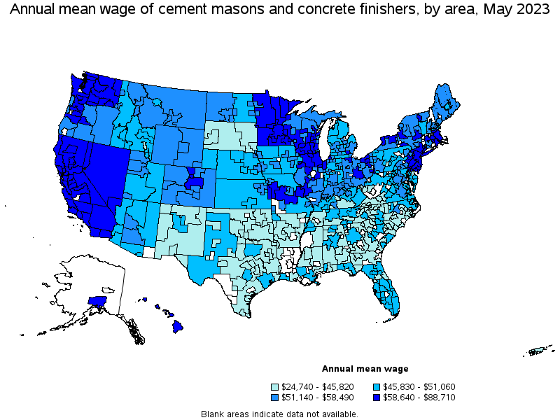 Map of annual mean wages of cement masons and concrete finishers by area, May 2023