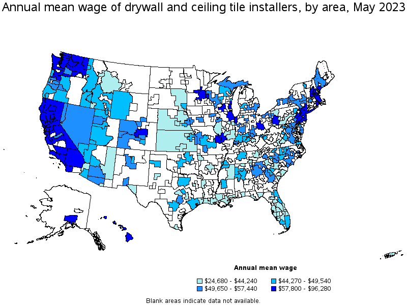 Map of annual mean wages of drywall and ceiling tile installers by area, May 2023