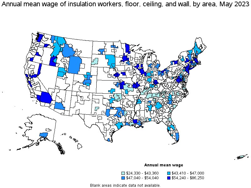 Map of annual mean wages of insulation workers, floor, ceiling, and wall by area, May 2023