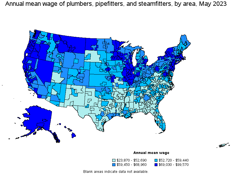 Map of annual mean wages of plumbers, pipefitters, and steamfitters by area, May 2023