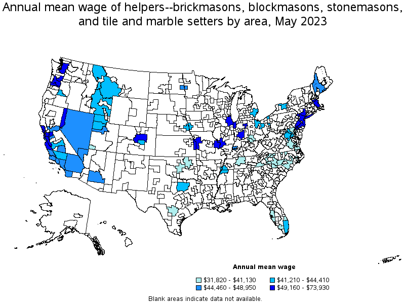 Map of annual mean wages of helpers--brickmasons, blockmasons, stonemasons, and tile and marble setters by area, May 2023