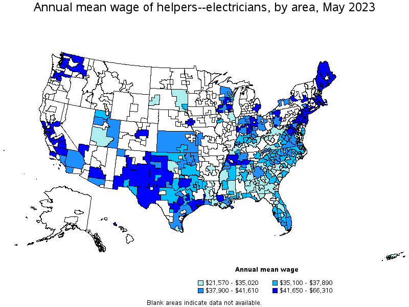 Map of annual mean wages of helpers--electricians by area, May 2023