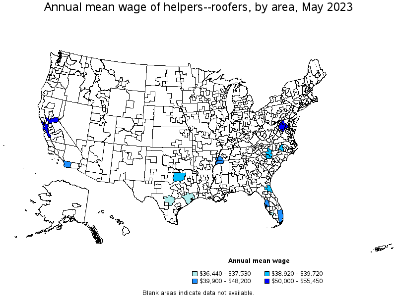 Map of annual mean wages of helpers--roofers by area, May 2023