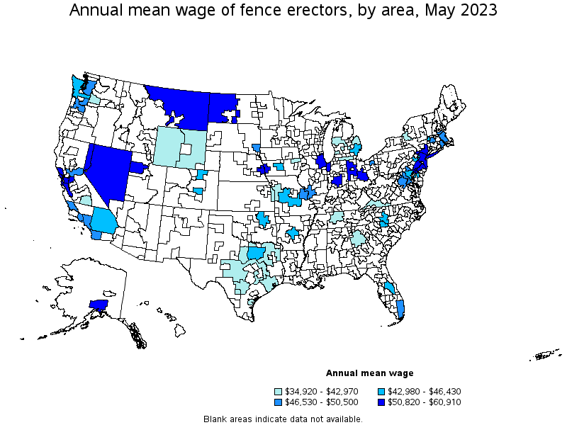 Map of annual mean wages of fence erectors by area, May 2023