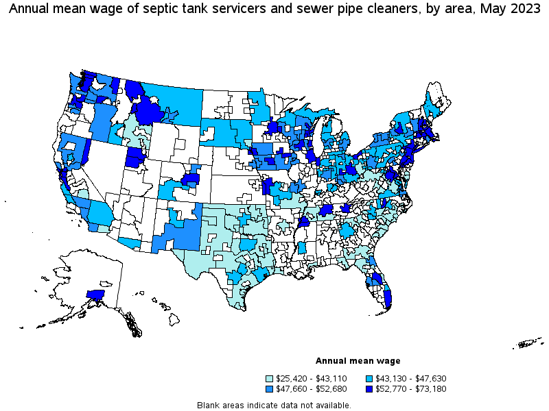 Map of annual mean wages of septic tank servicers and sewer pipe cleaners by area, May 2023