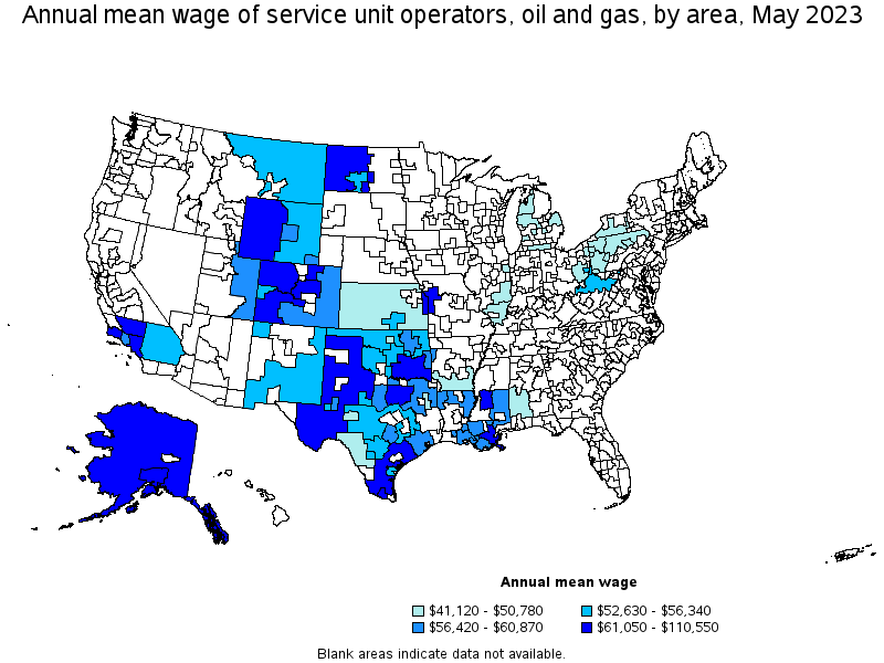 Map of annual mean wages of service unit operators, oil and gas by area, May 2023