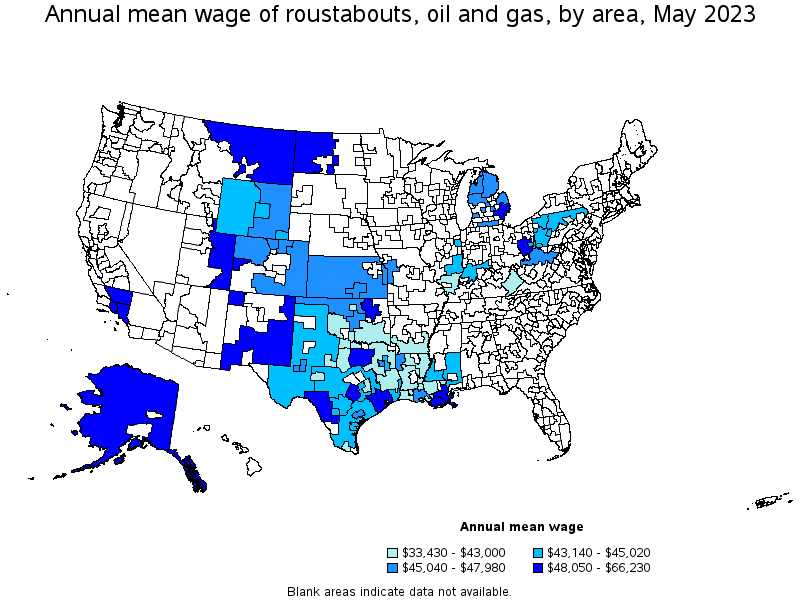 Map of annual mean wages of roustabouts, oil and gas by area, May 2023