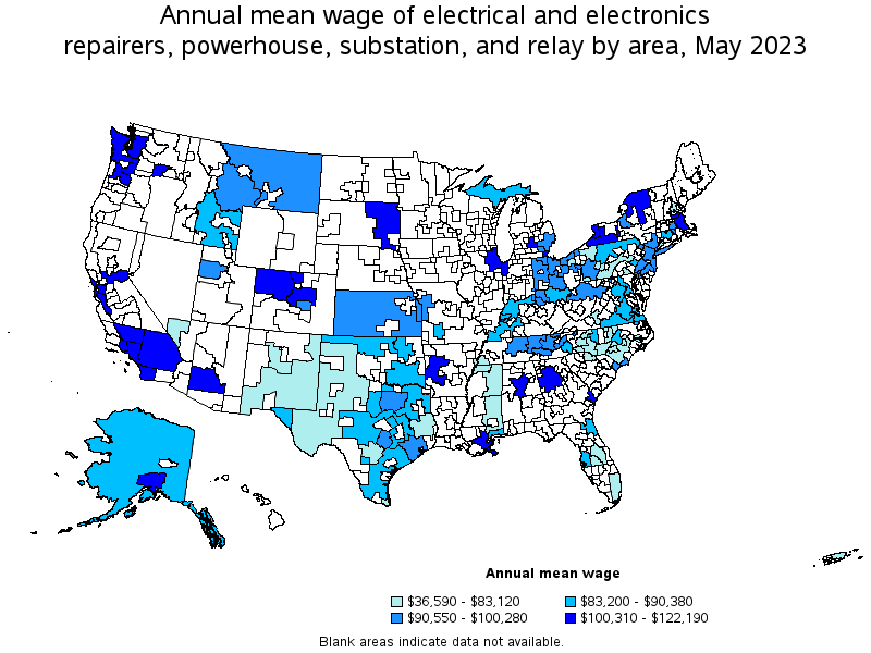 Map of annual mean wages of electrical and electronics repairers, powerhouse, substation, and relay by area, May 2023