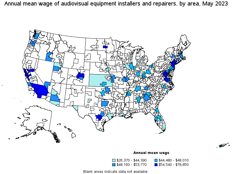 Map of annual mean wages of audiovisual equipment installers and repairers by area, May 2023