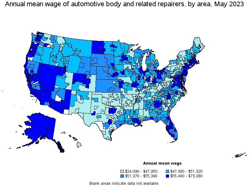 Map of annual mean wages of automotive body and related repairers by area, May 2023