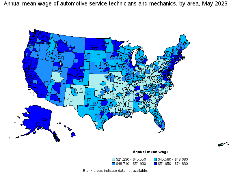 Map of annual mean wages of automotive service technicians and mechanics by area, May 2023